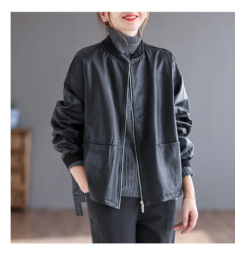 Amax LuluE 2026 Autumn Fashion Biker Clothes Womens Loose Vintage Faux Leather Jackets Luxury Punk Pu Coats Black Big Outerwear