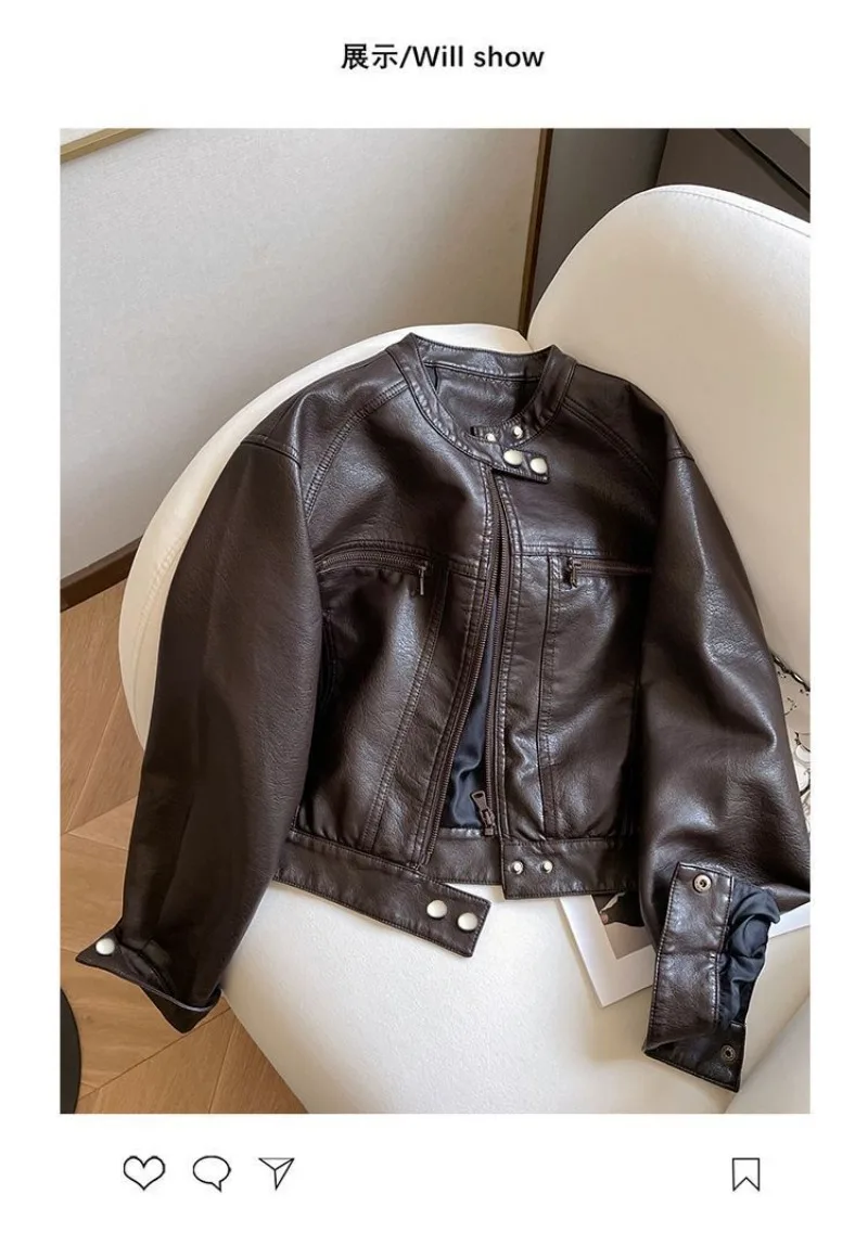 American Locomotive Clothing Short PU Leather Jacket Women's 2025 Spring And Autumn New Small Design Stand-Up Collar Jacket tide