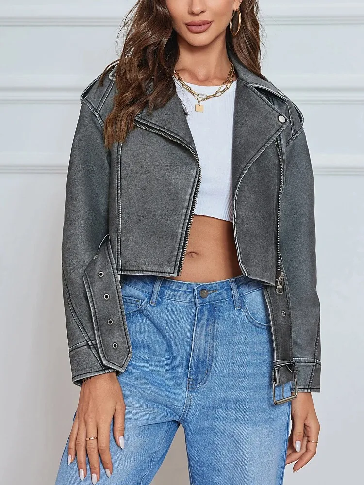 Brand Coat Women Faux PU Leather Jacket High Street Motorcycle Coat Casual Lady Lapel Zipper Short Leather Jacket