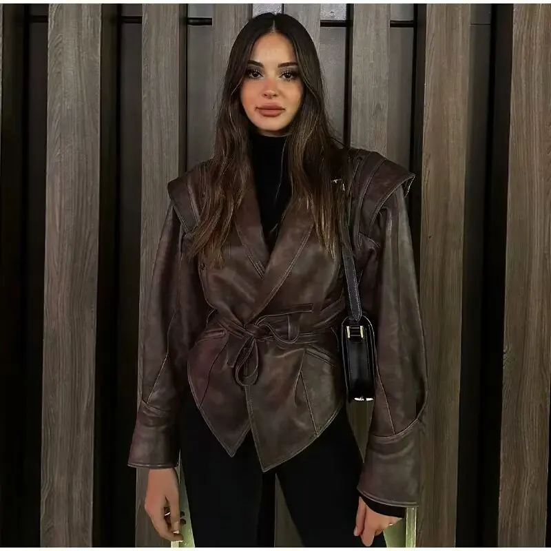 Suninheart Autumn and Winter Faux Leather Jackets for Women 2025 Dropped Shoulder Oversized Jacket Coat Belted Corset Jacket