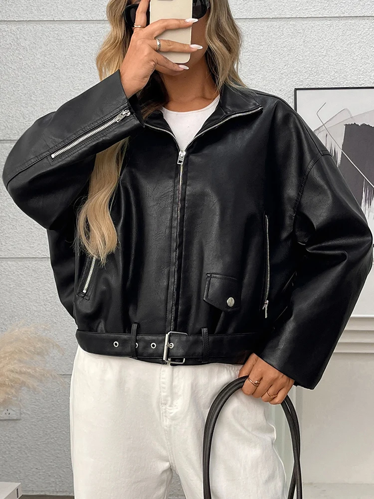 Ailegogo New Spring Autumn Women Moto Biker Black Faux Leather Jacket Streetwear Female Belt Zipper Coat Outwear