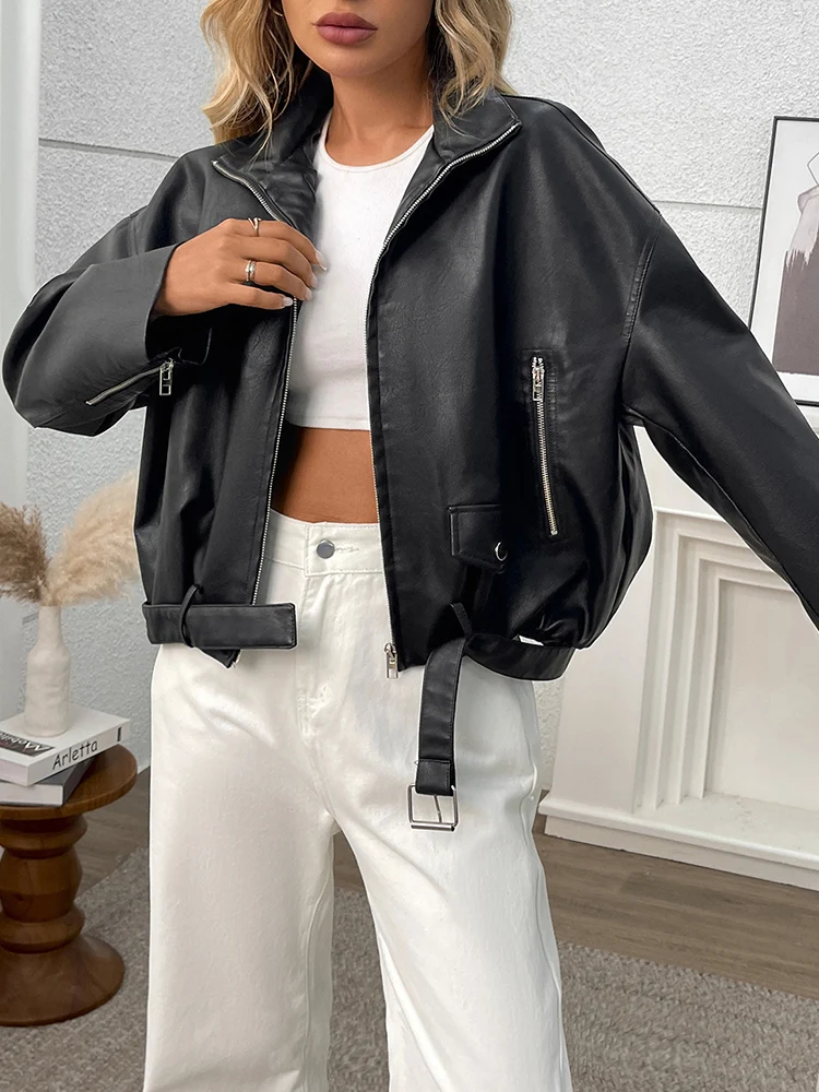 Ailegogo New Spring Autumn Women Moto Biker Black Faux Leather Jacket Streetwear Female Belt Zipper Coat Outwear
