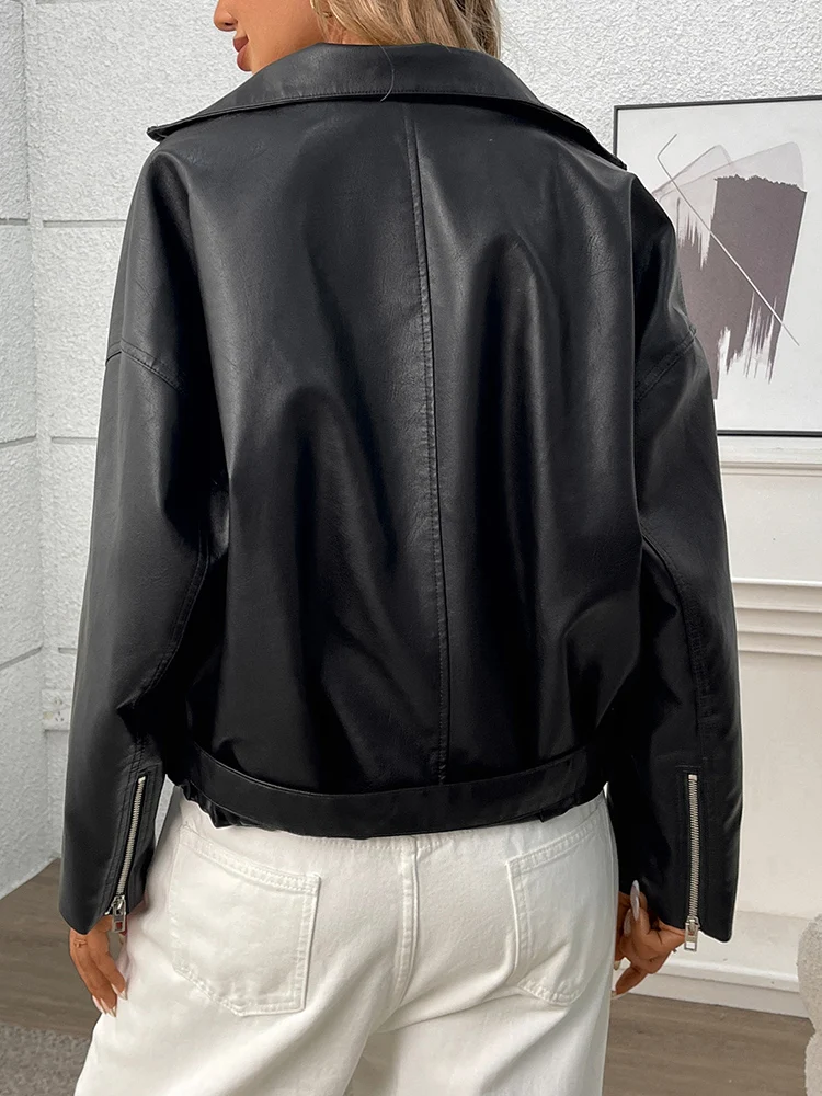 Ailegogo New Spring Autumn Women Moto Biker Black Faux Leather Jacket Streetwear Female Belt Zipper Coat Outwear