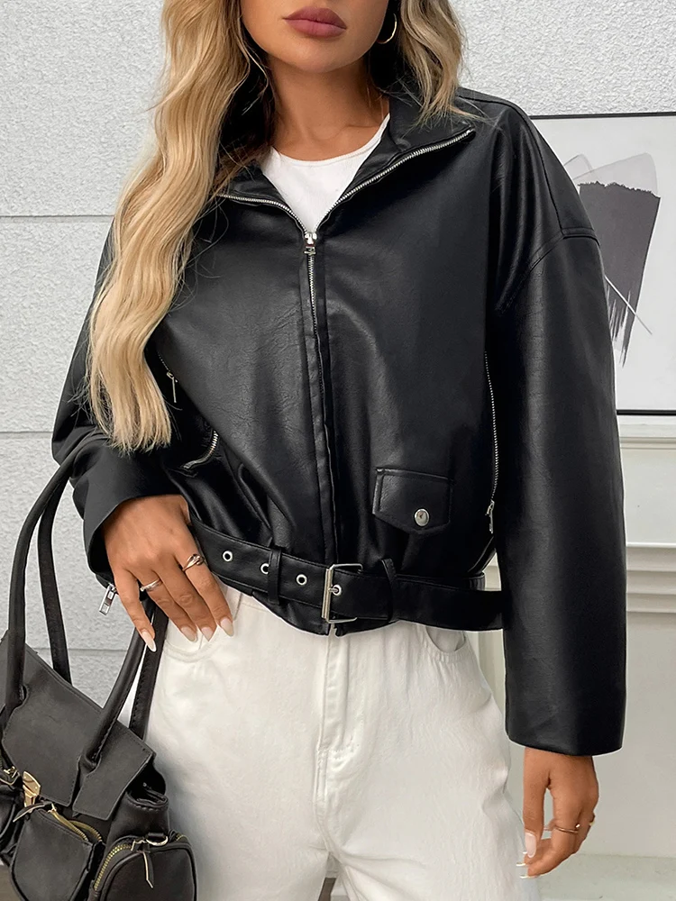 Ailegogo New Spring Autumn Women Moto Biker Black Faux Leather Jacket Streetwear Female Belt Zipper Coat Outwear