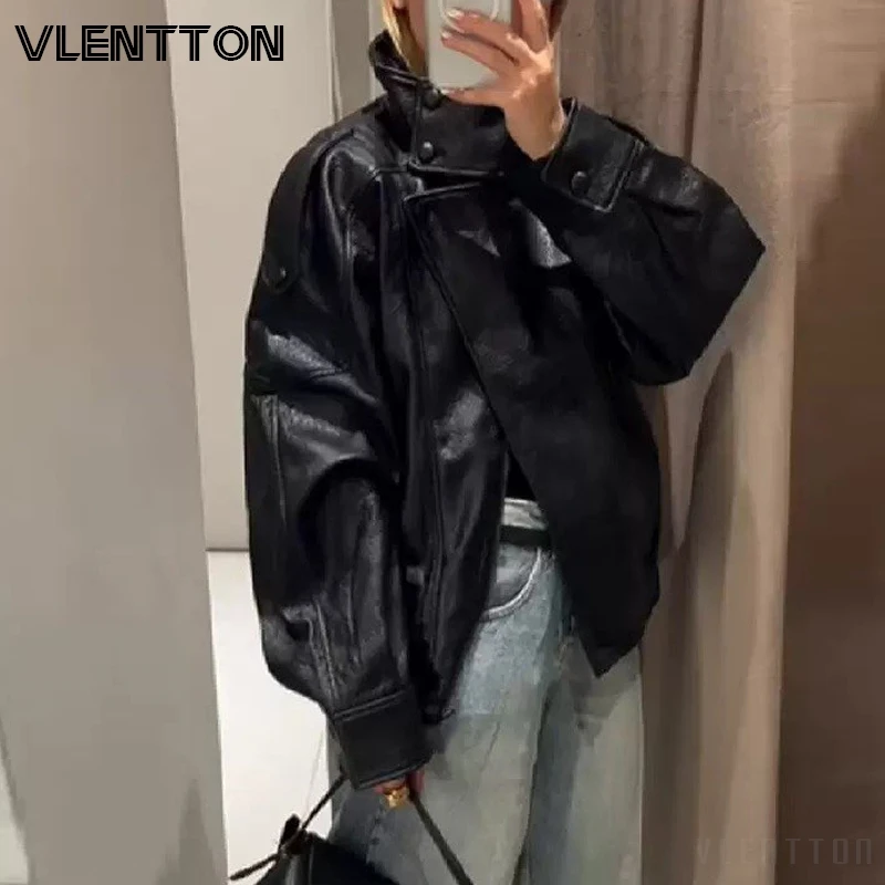 2026 New Women Fashion Black Faux Leather Jacket Coat Autumn Winter Casual Loose Zipper Pockets Biker Outerwear Tops Female