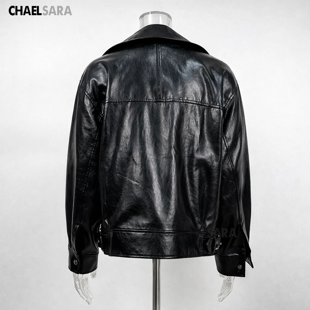 2026 New High Quality Woman Black Faux Leather Jacket Casual Long Sleeve Coats   Zipper Femal Motorcycle Coat Tops