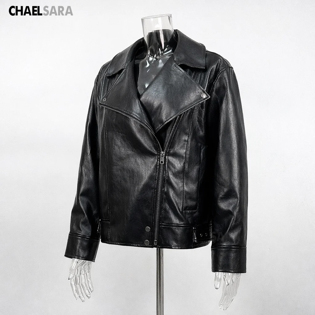 2026 New High Quality Woman Black Faux Leather Jacket Casual Long Sleeve Coats   Zipper Femal Motorcycle Coat Tops
