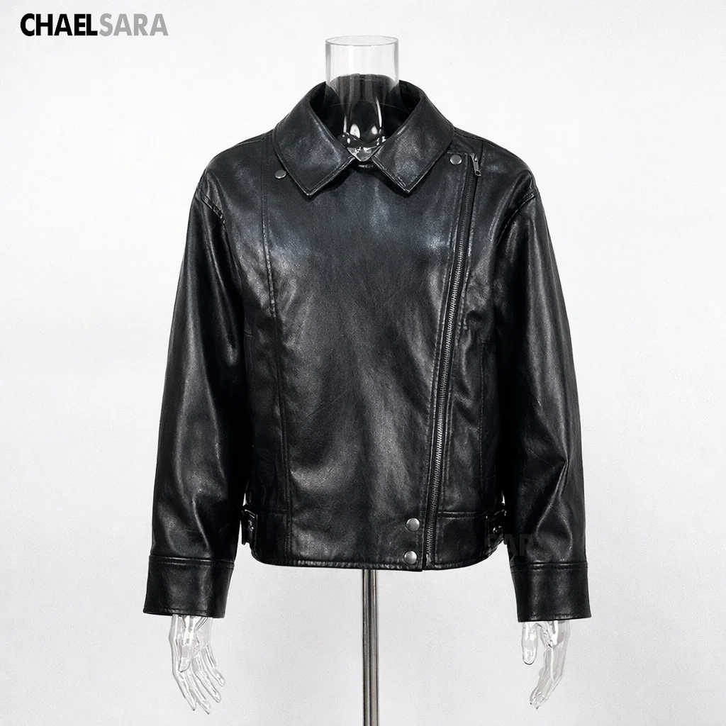 2026 New High Quality Woman Black Faux Leather Jacket Casual Long Sleeve Coats   Zipper Femal Motorcycle Coat Tops