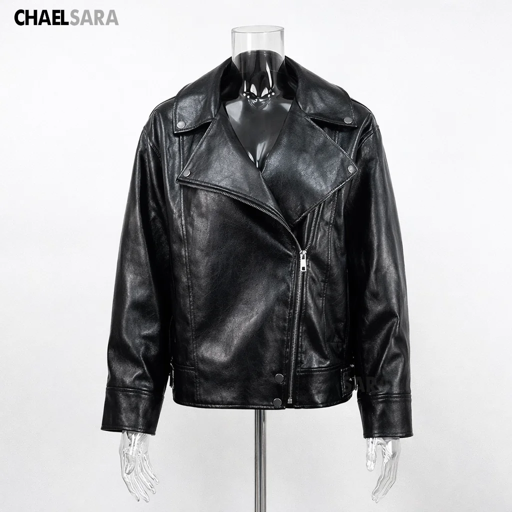 2026 New High Quality Woman Black Faux Leather Jacket Casual Long Sleeve Coats   Zipper Femal Motorcycle Coat Tops