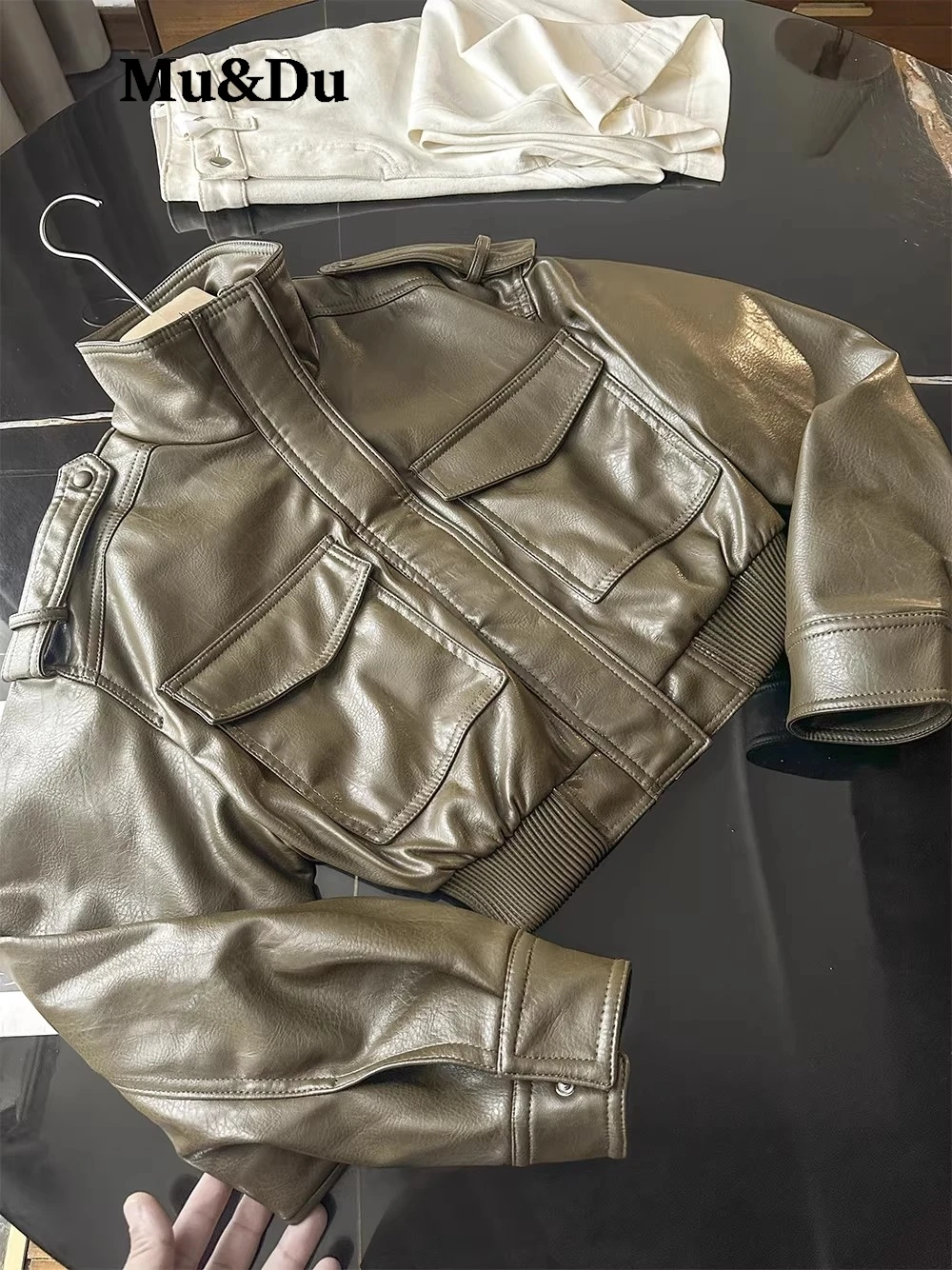 Women Faux Leather Cropped Coat Vintage Bomber Jackets With Pockets Long Sleeve Motorcycle Outerwear Zipper Overcoat