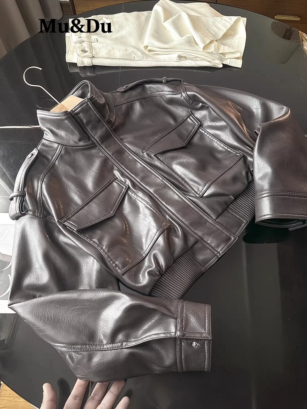 Women Faux Leather Cropped Coat Vintage Bomber Jackets With Pockets Long Sleeve Motorcycle Outerwear Zipper Overcoat