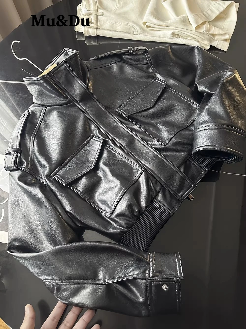 Women Faux Leather Cropped Coat Vintage Bomber Jackets With Pockets Long Sleeve Motorcycle Outerwear Zipper Overcoat