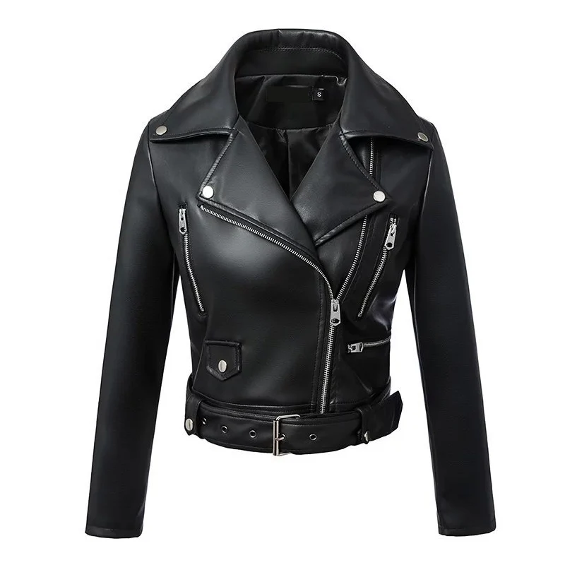 FTLZZ New Autumn Women Pu Leather Jacket Woman Zipper Belt Short Coat Female Black Punk Bomber Faux Leather Outwear