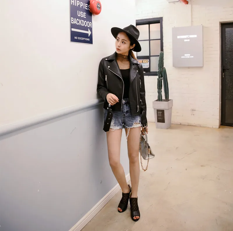 FTLZZ New Autumn Women Pu Leather Jacket Woman Zipper Belt Short Coat Female Black Punk Bomber Faux Leather Outwear