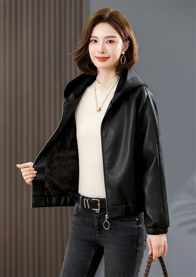 Velvet PU Leather Coat Woman 2026 New Fur Jacket Autumn Winter Hooded Loose Outerwear Slim Short Leather Jackets Ladies Outcoat