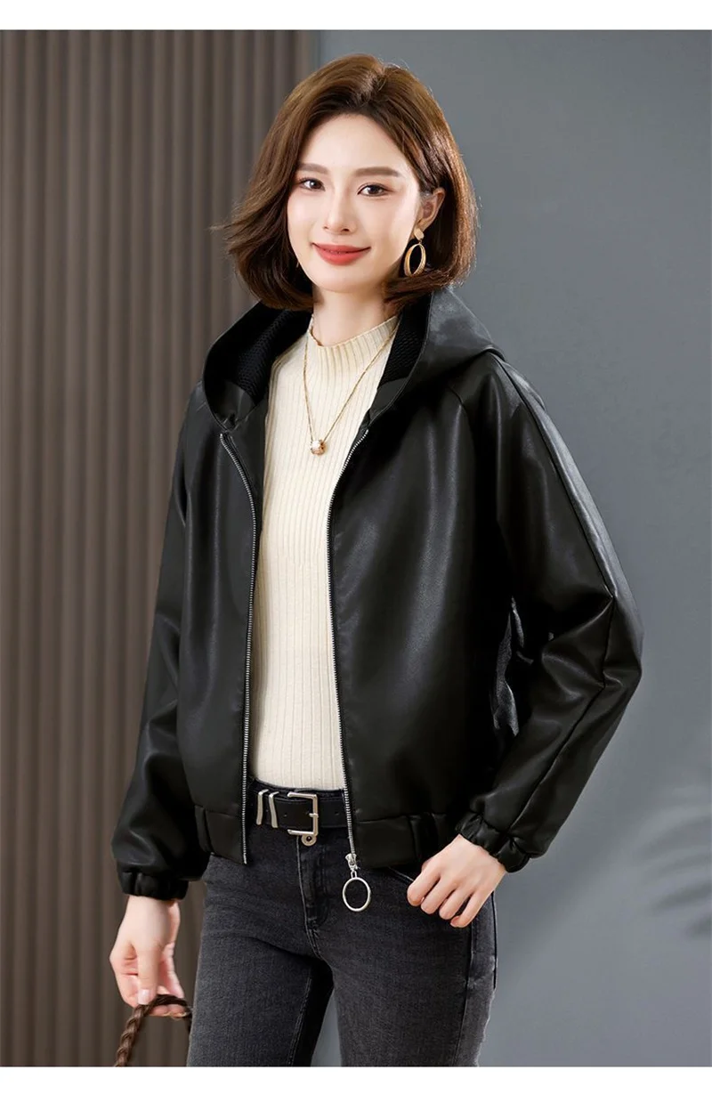 Velvet PU Leather Coat Woman 2026 New Fur Jacket Autumn Winter Hooded Loose Outerwear Slim Short Leather Jackets Ladies Outcoat