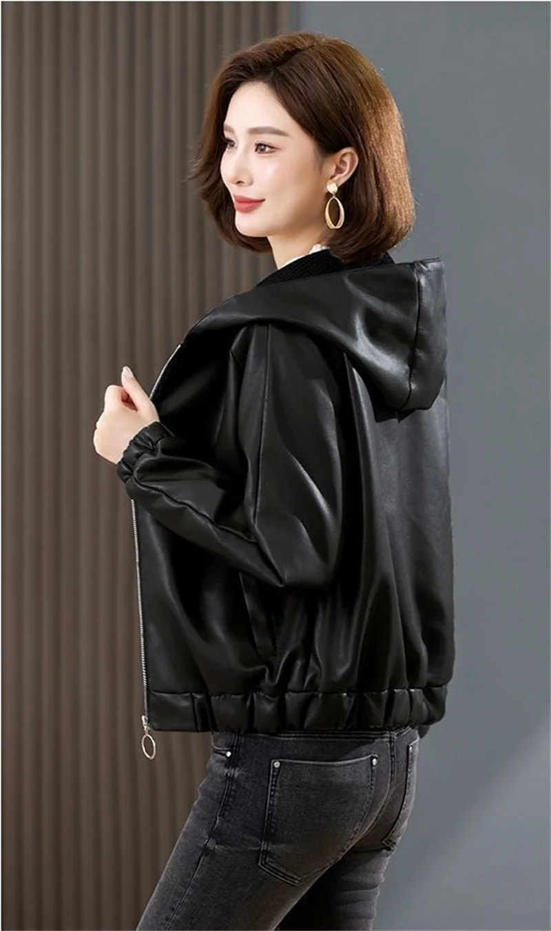 Velvet PU Leather Coat Woman 2026 New Fur Jacket Autumn Winter Hooded Loose Outerwear Slim Short Leather Jackets Ladies Outcoat