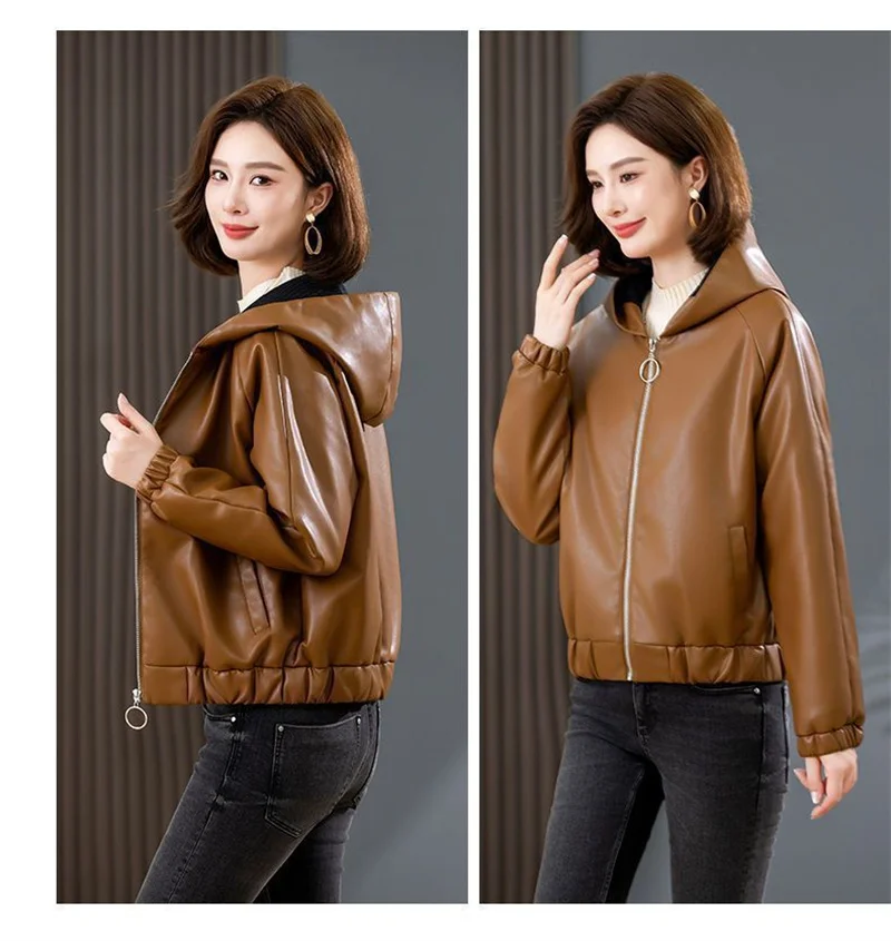 Velvet PU Leather Coat Woman 2026 New Fur Jacket Autumn Winter Hooded Loose Outerwear Slim Short Leather Jackets Ladies Outcoat