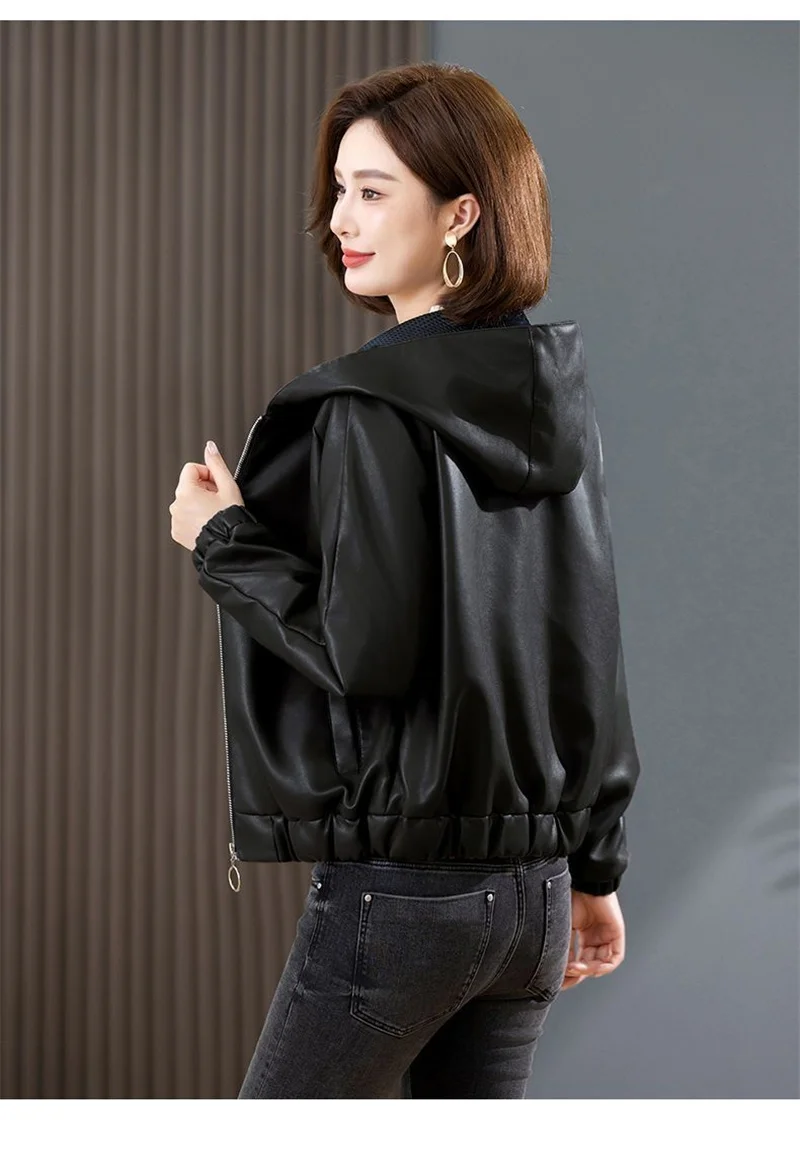 Velvet PU Leather Coat Woman 2026 New Fur Jacket Autumn Winter Hooded Loose Outerwear Slim Short Leather Jackets Ladies Outcoat