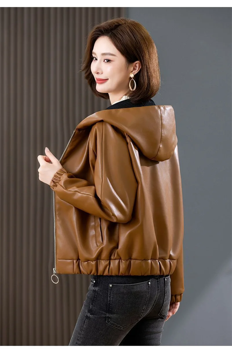 Velvet PU Leather Coat Woman 2026 New Fur Jacket Autumn Winter Hooded Loose Outerwear Slim Short Leather Jackets Ladies Outcoat