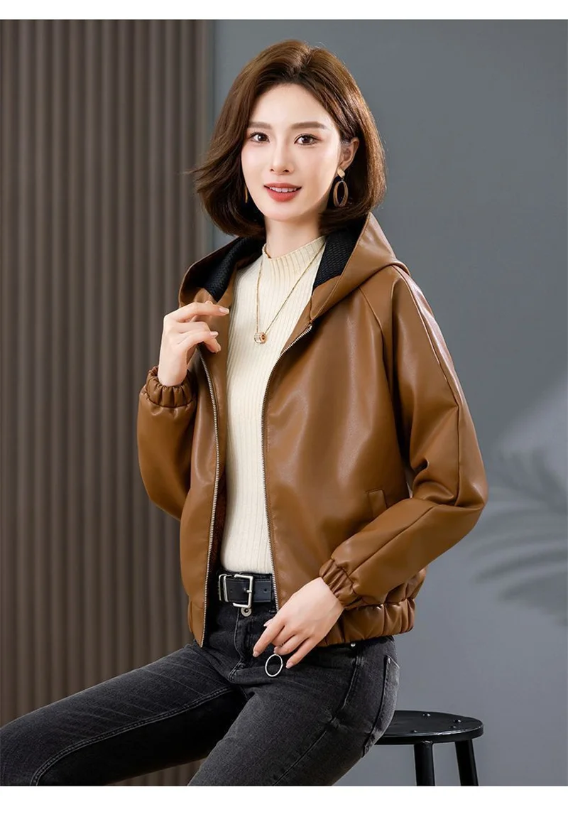 Velvet PU Leather Coat Woman 2026 New Fur Jacket Autumn Winter Hooded Loose Outerwear Slim Short Leather Jackets Ladies Outcoat