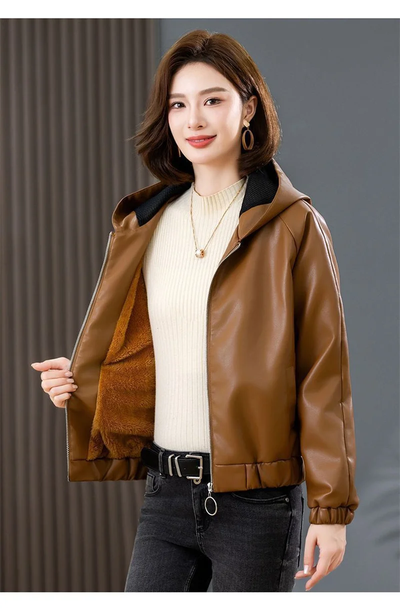 Velvet PU Leather Coat Woman 2026 New Fur Jacket Autumn Winter Hooded Loose Outerwear Slim Short Leather Jackets Ladies Outcoat