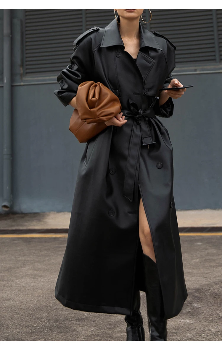 Lautaro Autumn Extra Long Oversized Black Faux Leather Trench Coat for Women Long Sleeve Belt Double Breasted Loose Fashion 2021