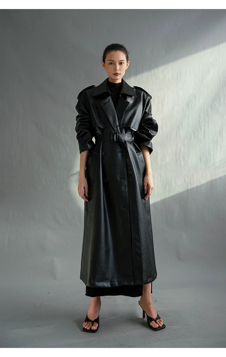 Lautaro Autumn Extra Long Oversized Black Faux Leather Trench Coat for Women Long Sleeve Belt Double Breasted Loose Fashion 2021