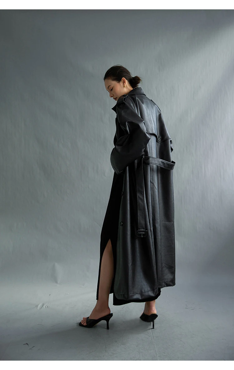 Lautaro Autumn Extra Long Oversized Black Faux Leather Trench Coat for Women Long Sleeve Belt Double Breasted Loose Fashion 2021