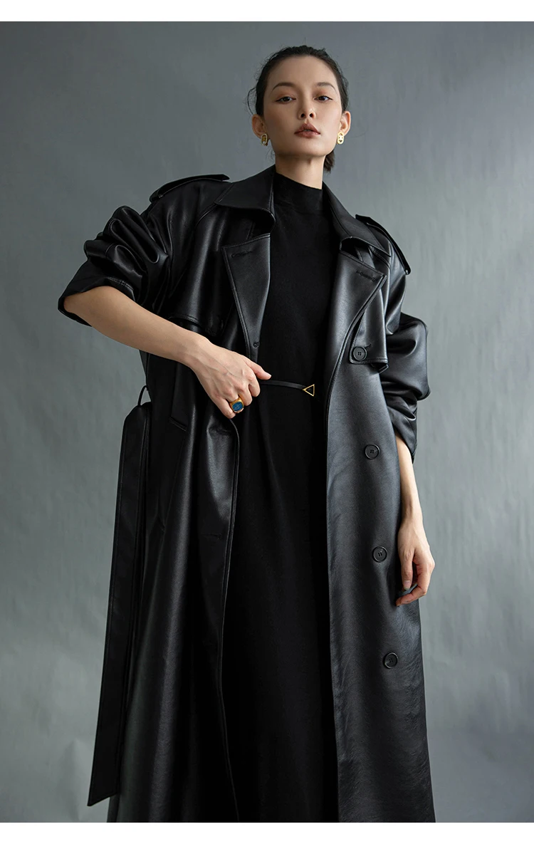 Lautaro Autumn Extra Long Oversized Black Faux Leather Trench Coat for Women Long Sleeve Belt Double Breasted Loose Fashion 2021