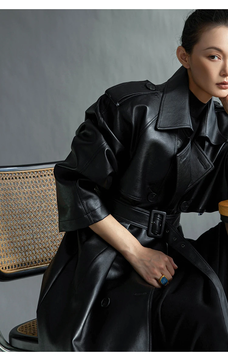 Lautaro Autumn Extra Long Oversized Black Faux Leather Trench Coat for Women Long Sleeve Belt Double Breasted Loose Fashion 2021