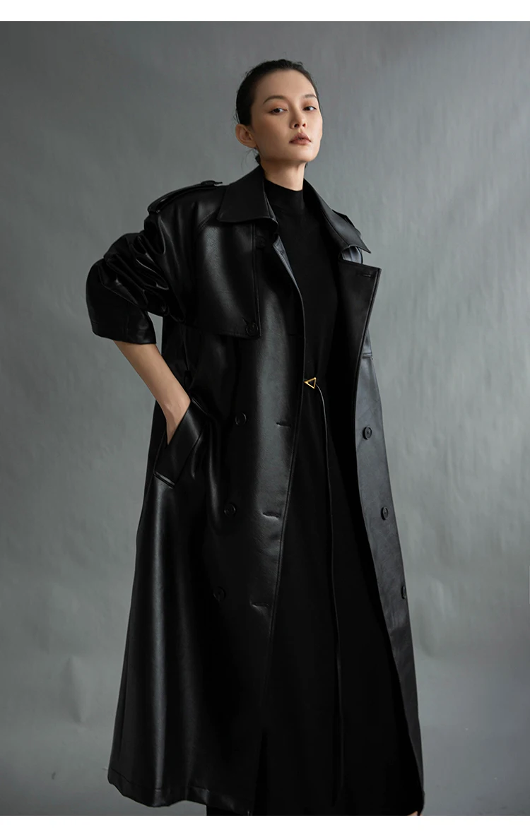Lautaro Autumn Extra Long Oversized Black Faux Leather Trench Coat for Women Long Sleeve Belt Double Breasted Loose Fashion 2021