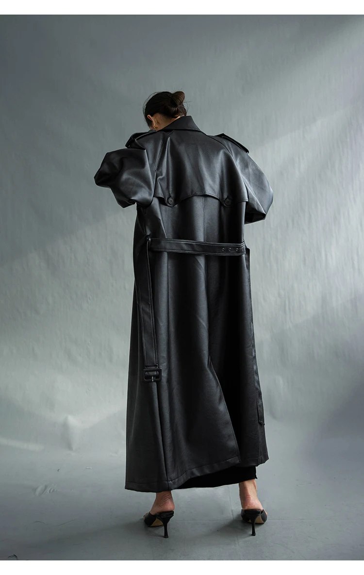 Lautaro Autumn Extra Long Oversized Black Faux Leather Trench Coat for Women Long Sleeve Belt Double Breasted Loose Fashion 2021