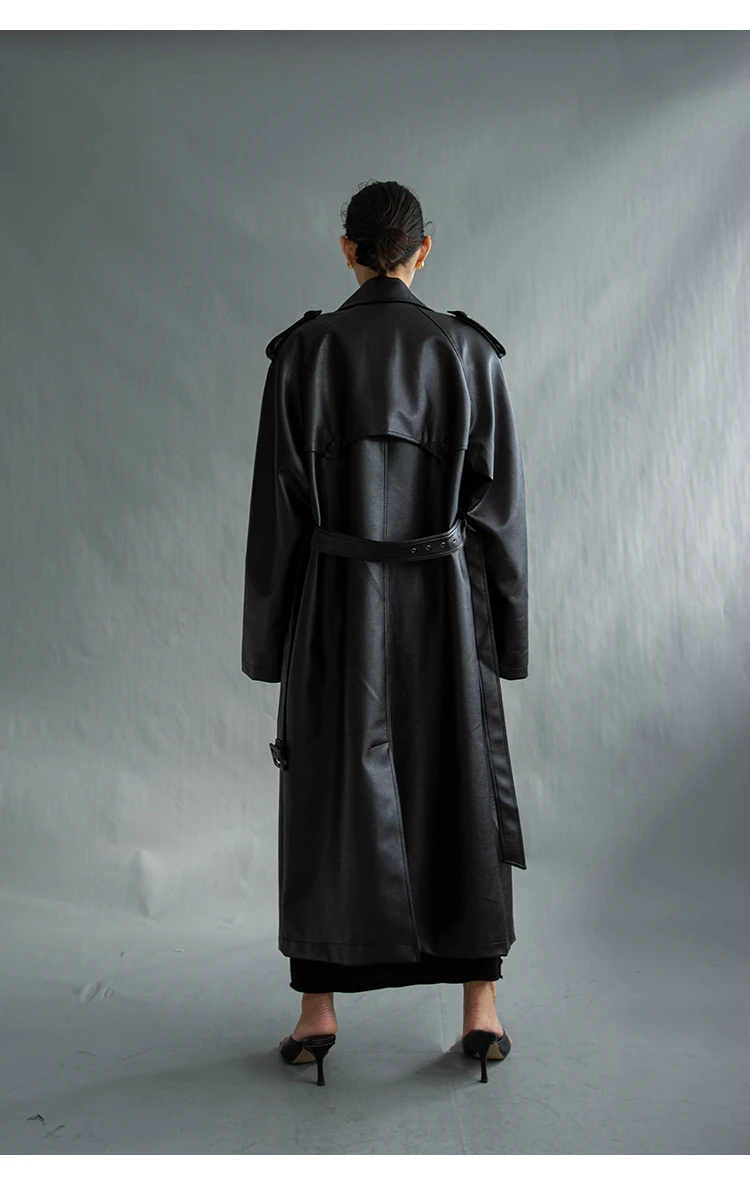 Lautaro Autumn Extra Long Oversized Black Faux Leather Trench Coat for Women Long Sleeve Belt Double Breasted Loose Fashion 2021