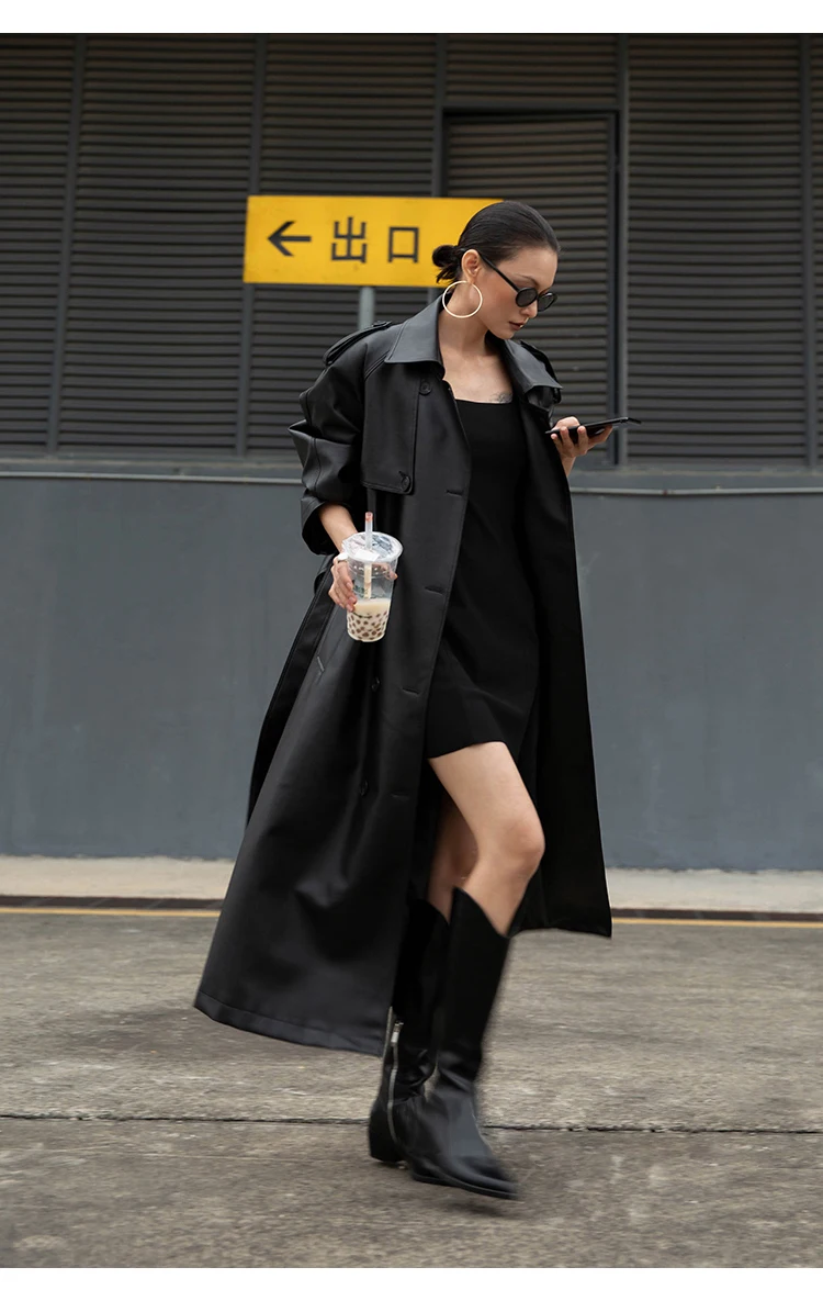 Lautaro Autumn Extra Long Oversized Black Faux Leather Trench Coat for Women Long Sleeve Belt Double Breasted Loose Fashion 2021