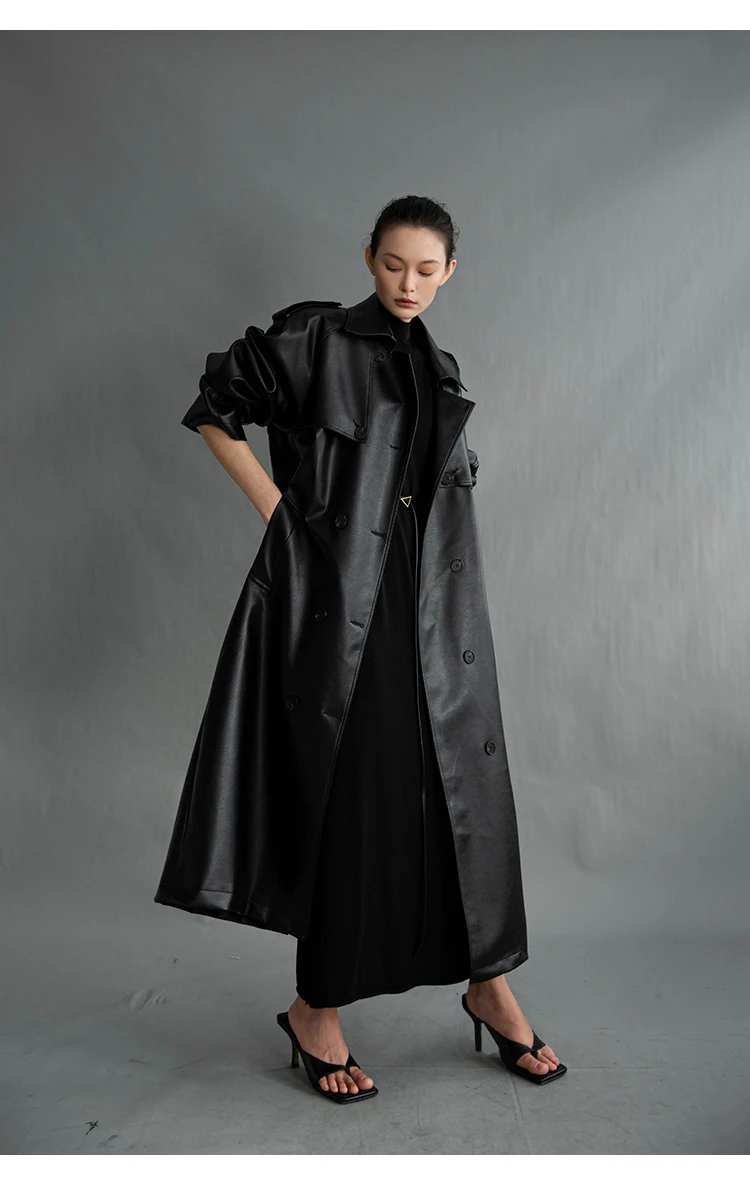 Lautaro Autumn Extra Long Oversized Black Faux Leather Trench Coat for Women Long Sleeve Belt Double Breasted Loose Fashion 2021