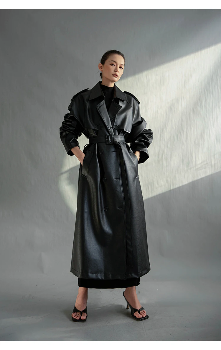 Lautaro Autumn Extra Long Oversized Black Faux Leather Trench Coat for Women Long Sleeve Belt Double Breasted Loose Fashion 2021