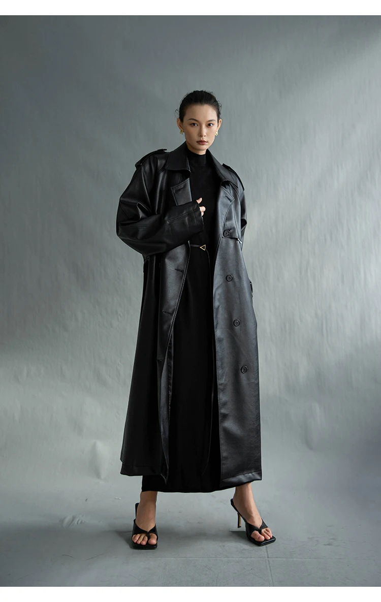 Lautaro Autumn Extra Long Oversized Black Faux Leather Trench Coat for Women Long Sleeve Belt Double Breasted Loose Fashion 2021