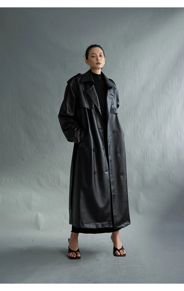 Lautaro Autumn Extra Long Oversized Black Faux Leather Trench Coat for Women Long Sleeve Belt Double Breasted Loose Fashion 2021