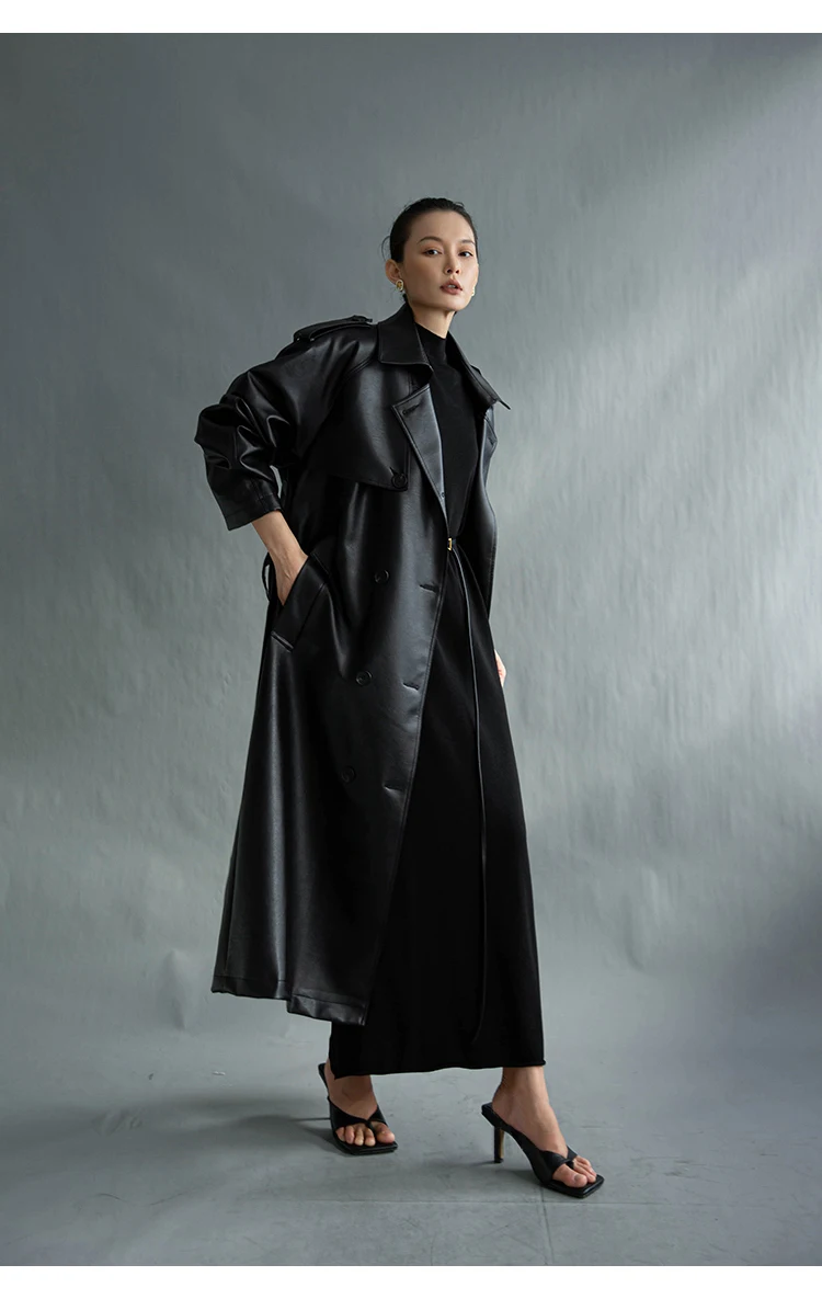 Lautaro Autumn Extra Long Oversized Black Faux Leather Trench Coat for Women Long Sleeve Belt Double Breasted Loose Fashion 2021
