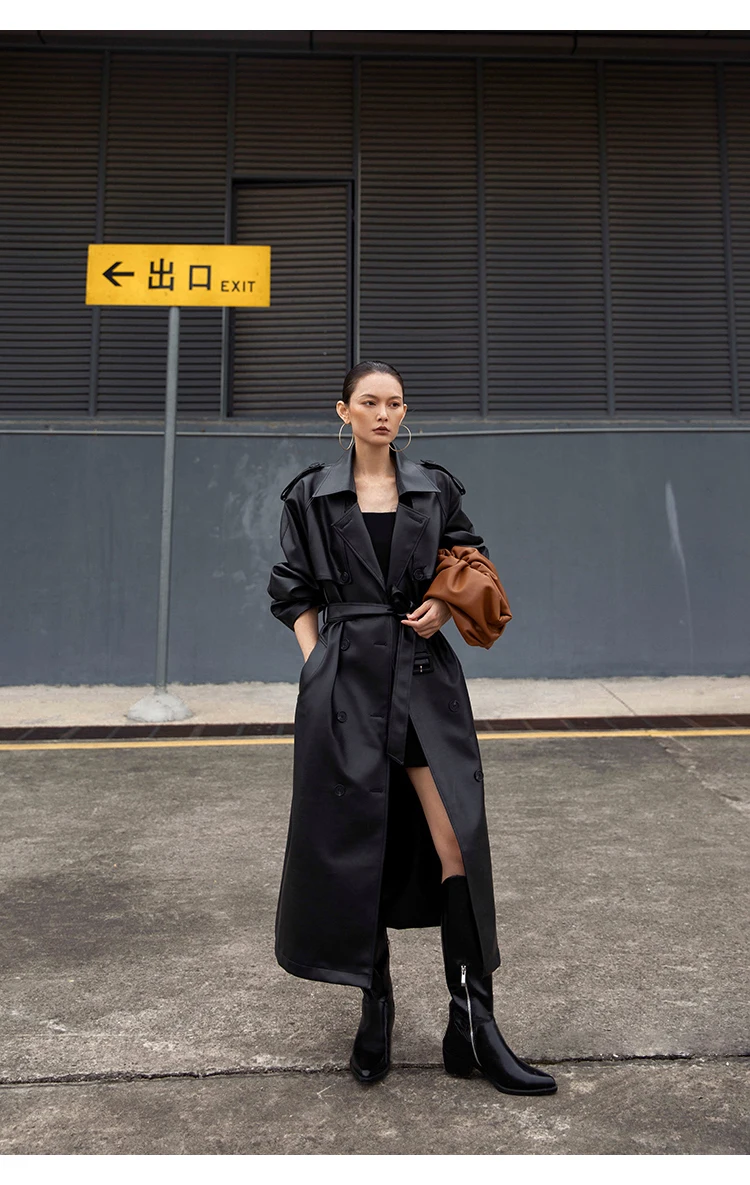 Lautaro Autumn Extra Long Oversized Black Faux Leather Trench Coat for Women Long Sleeve Belt Double Breasted Loose Fashion 2021