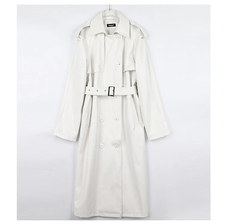 Lautaro Autumn Extra Long Oversized Black Faux Leather Trench Coat for Women Long Sleeve Belt Double Breasted Loose Fashion 2021