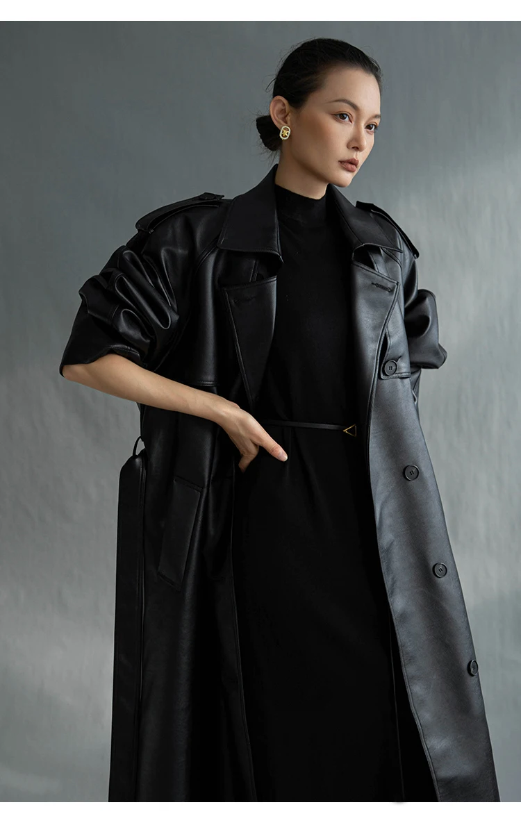 Lautaro Autumn Extra Long Oversized Black Faux Leather Trench Coat for Women Long Sleeve Belt Double Breasted Loose Fashion 2021