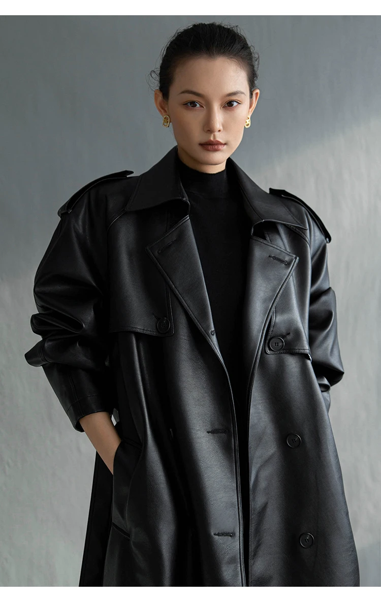 Lautaro Autumn Extra Long Oversized Black Faux Leather Trench Coat for Women Long Sleeve Belt Double Breasted Loose Fashion 2021