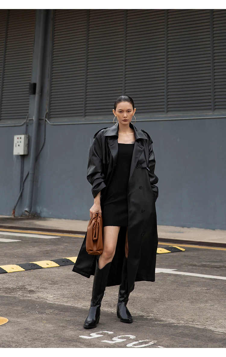 Lautaro Autumn Extra Long Oversized Black Faux Leather Trench Coat for Women Long Sleeve Belt Double Breasted Loose Fashion 2021