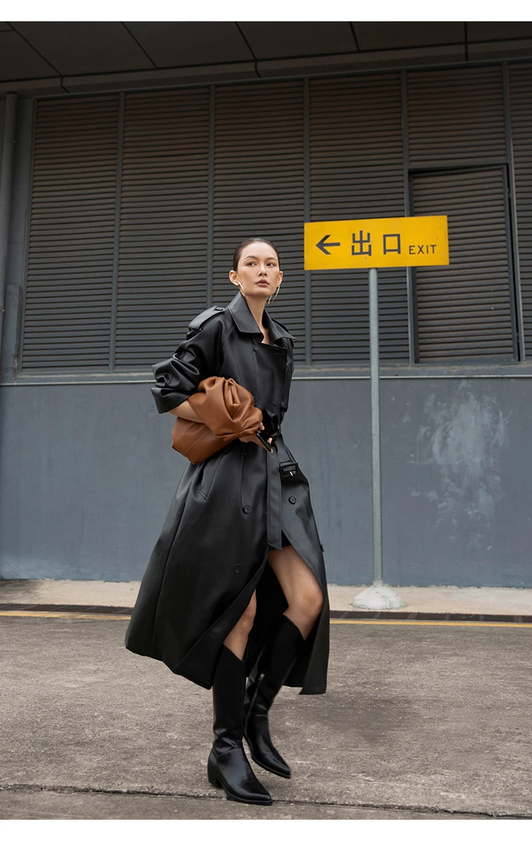 Lautaro Autumn Extra Long Oversized Black Faux Leather Trench Coat for Women Long Sleeve Belt Double Breasted Loose Fashion 2021