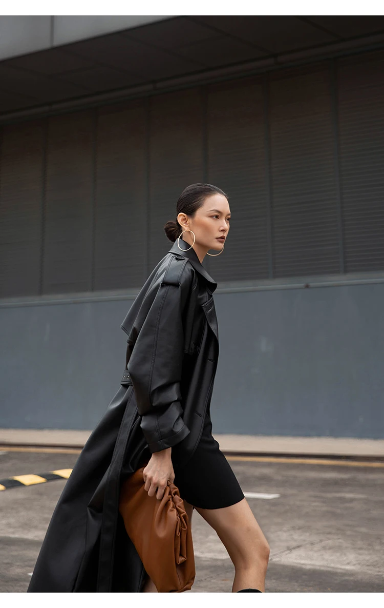 Lautaro Autumn Extra Long Oversized Black Faux Leather Trench Coat for Women Long Sleeve Belt Double Breasted Loose Fashion 2021