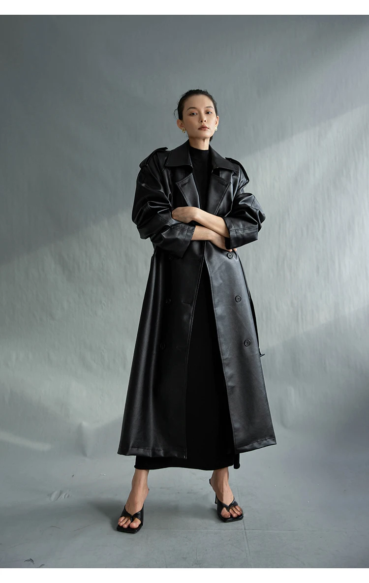 Lautaro Autumn Extra Long Oversized Black Faux Leather Trench Coat for Women Long Sleeve Belt Double Breasted Loose Fashion 2021