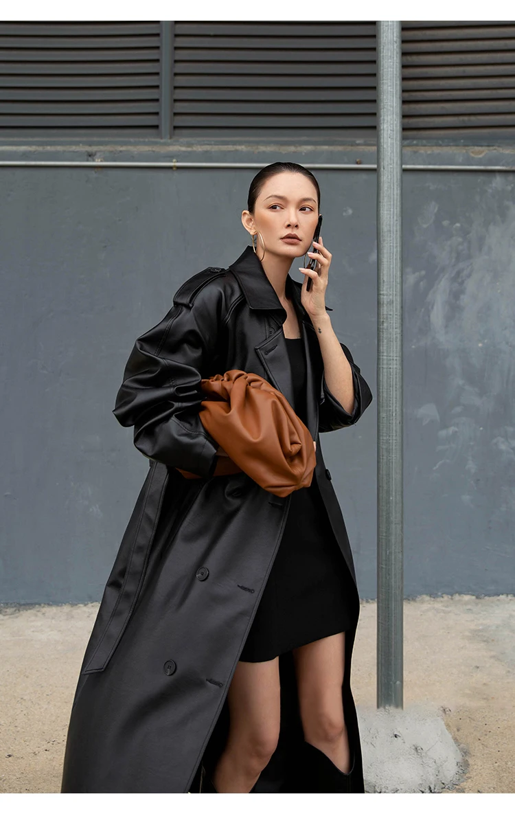 Lautaro Autumn Extra Long Oversized Black Faux Leather Trench Coat for Women Long Sleeve Belt Double Breasted Loose Fashion 2021
