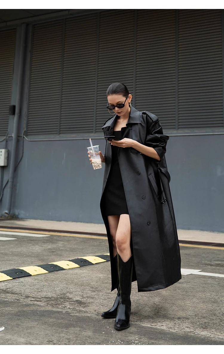 Lautaro Autumn Extra Long Oversized Black Faux Leather Trench Coat for Women Long Sleeve Belt Double Breasted Loose Fashion 2021